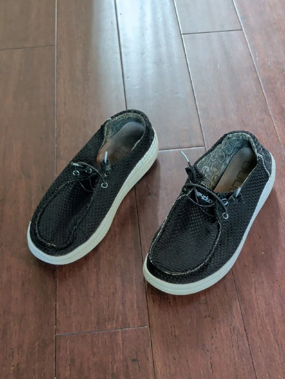 Hey Dude Mens Black Mesh Slip-On Loafers with White Sole